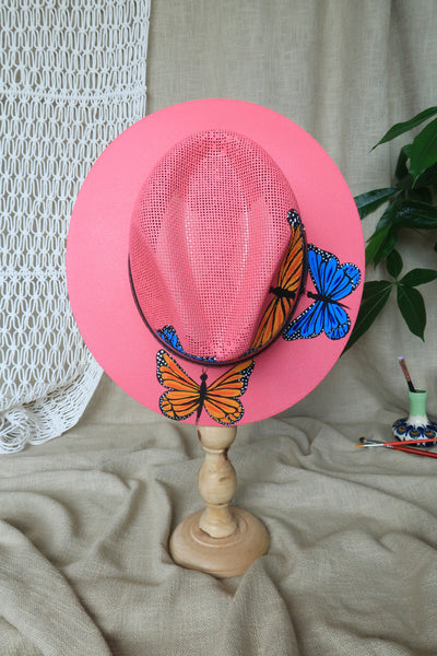 Dark Pink Butterfly Painted Fedora