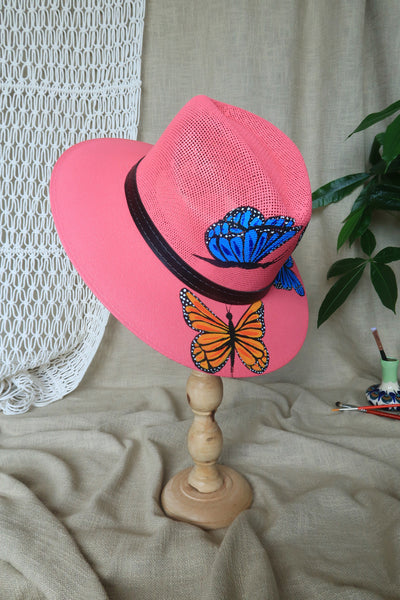 Dark Pink Butterfly Painted Fedora