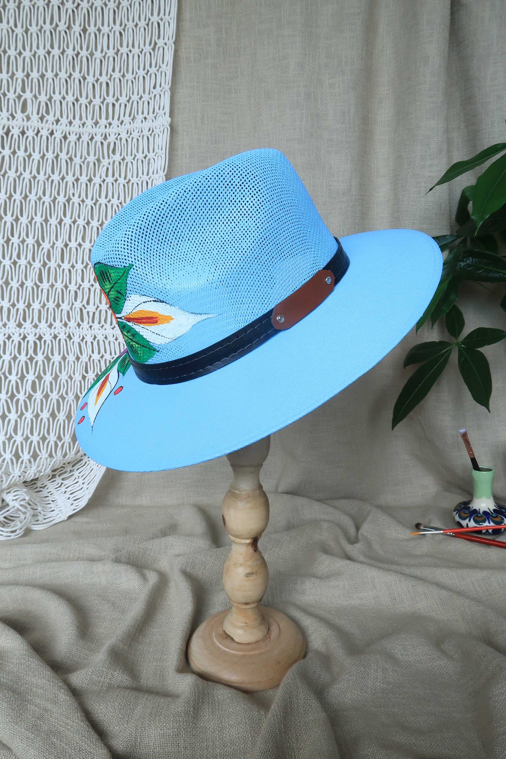 Made in Mexico Hand-Painted Navy Blue Fedora with White Details Blue Margaritas Mexican Hand Painted Hat - main image 2