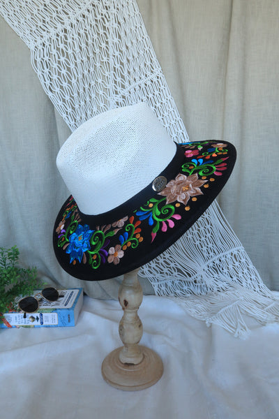 Black Floral Embroidered Fedora