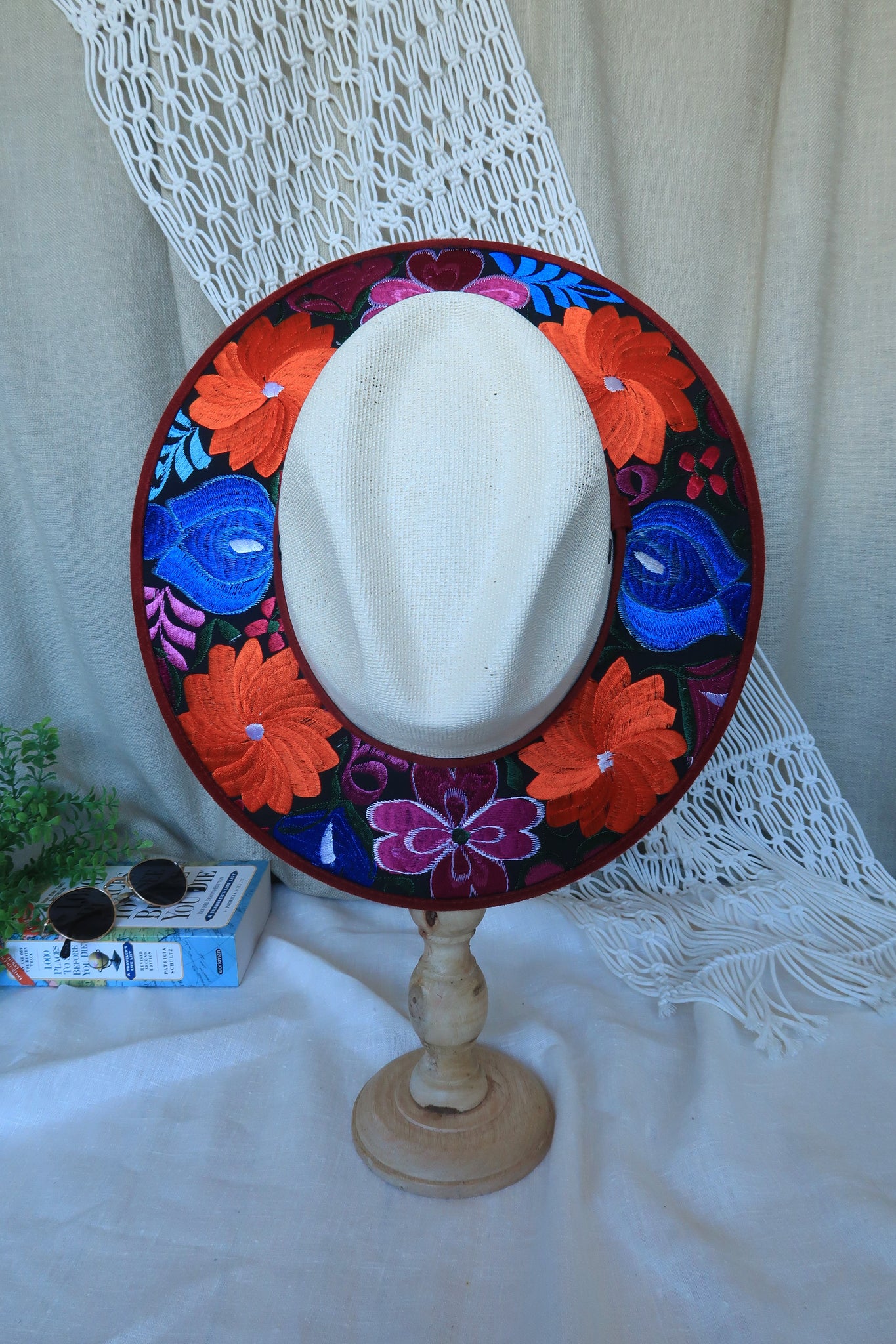 Orange Blue Floral Embroidered Fedora