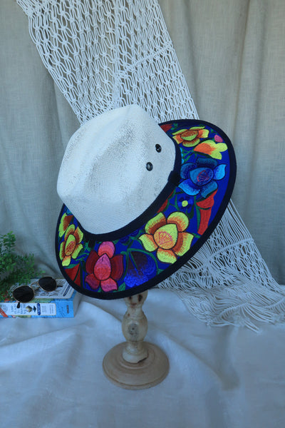 Yellow Blue Floral Embroidered Fedora