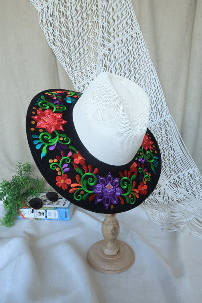 Black Floral Embroidered Fedora