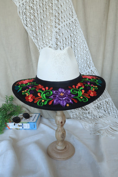 Black Floral Embroidered Fedora