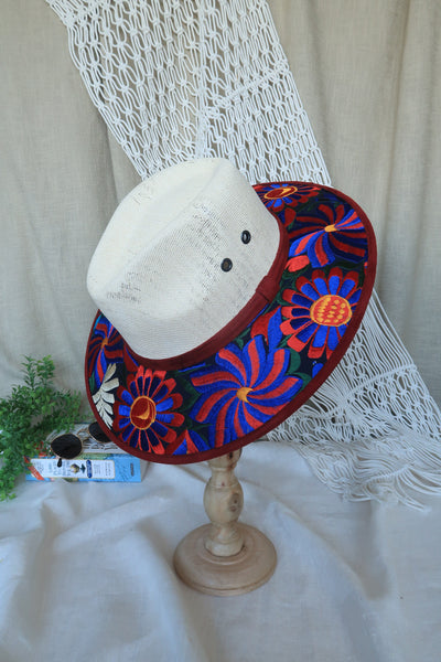 Bright Red Blue Embroidered Fedora