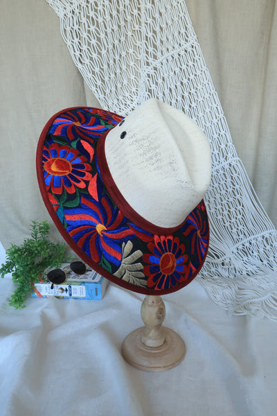 Bright Red Blue Embroidered Fedora