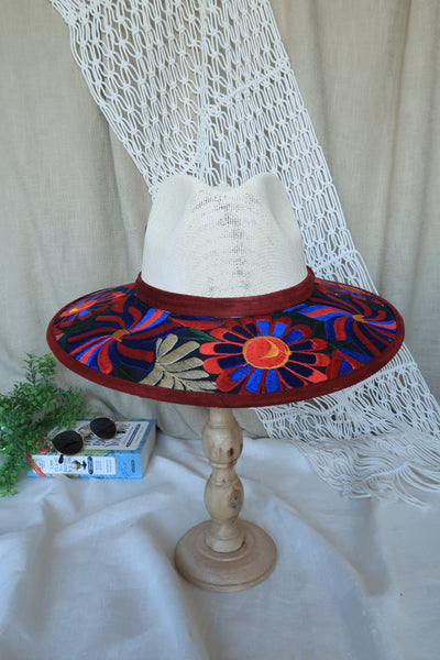 Bright Red Blue Embroidered Fedora
